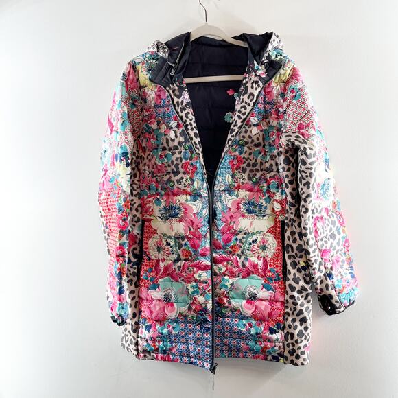 Johnny Was Lubello Reversible Full Zip Leopard Floral Puffer Jacket Black Large - Picture 4 of 13